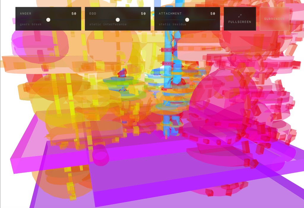 Surrender Machines — anger, ego, attachment sliders over generative 3D form