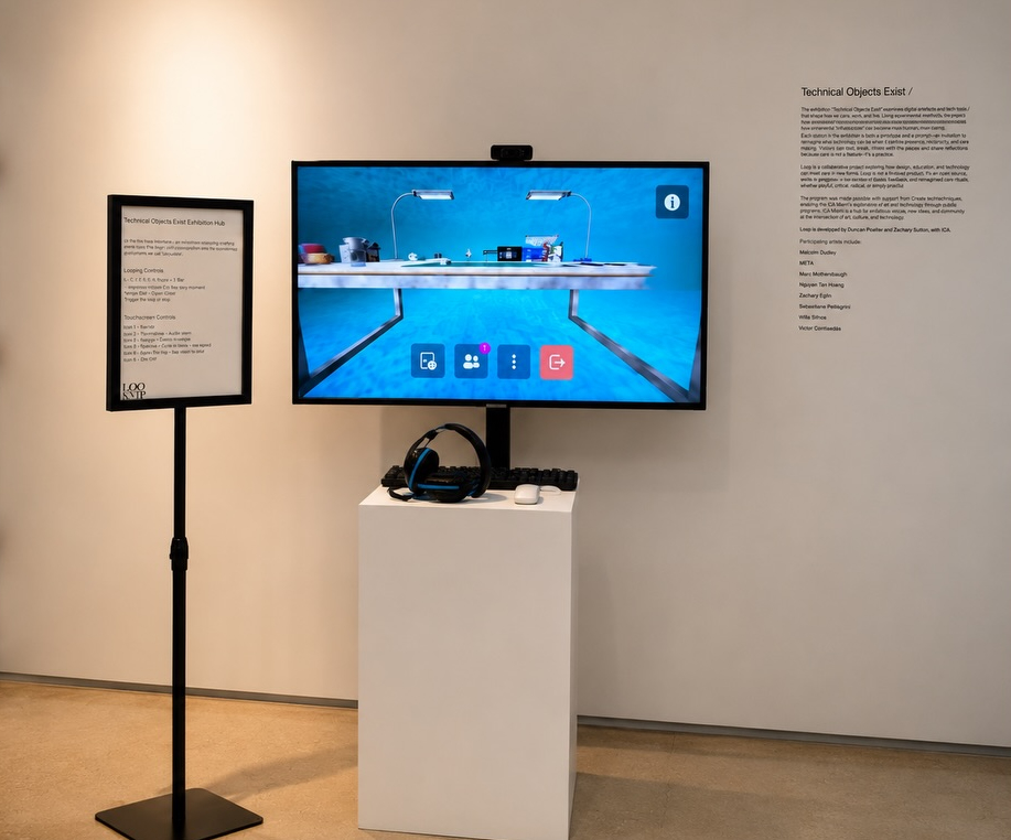 Technical Objects Exist — ICA Miami installation with monitor, pedestal, headphones, keyboard, and mouse