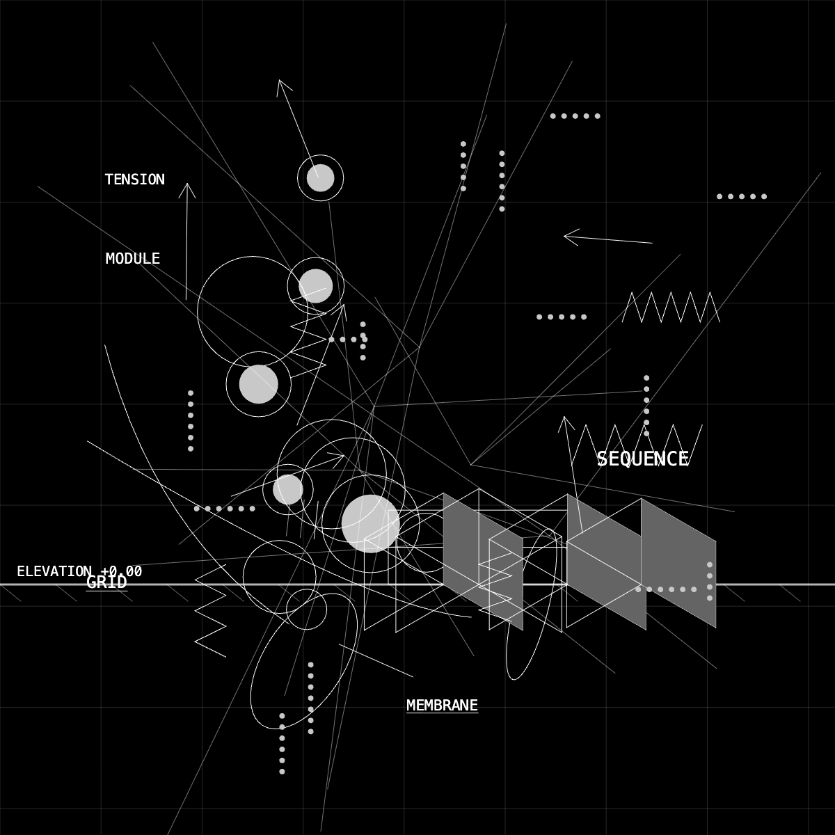 technical 021, generative technical drawing with grid and notation on black